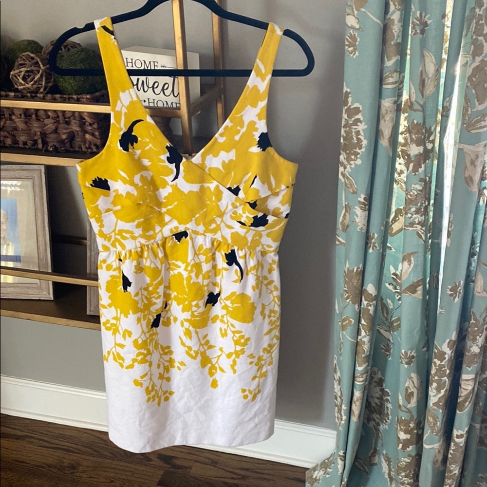 Anthropologie 4C yellow, white and black crisscross front shift dress. Size 8.